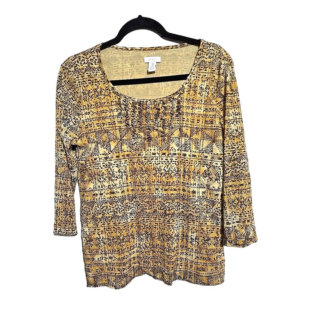 Chico's Yellow‎ Geometric Print Scoop Neck 3/4 Sleeve Casual Top Womans Sz 2 LG